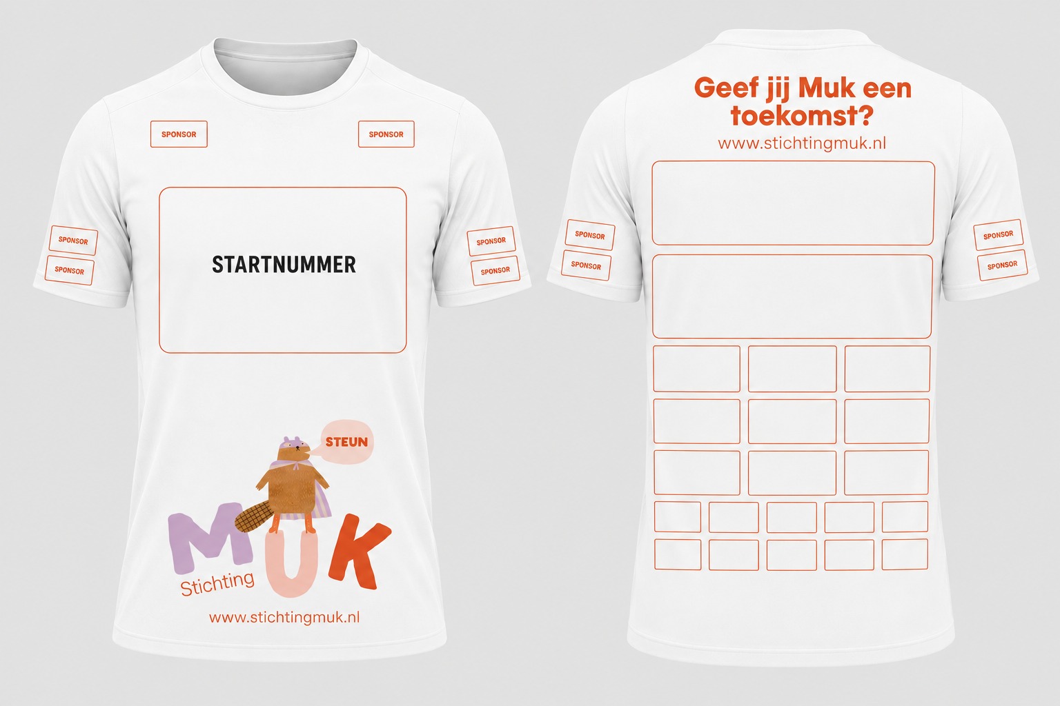 Voor- en achterkant van het Dam tot Damloop-shirt voor Stichting Muk, met mogelijke sponsorposities